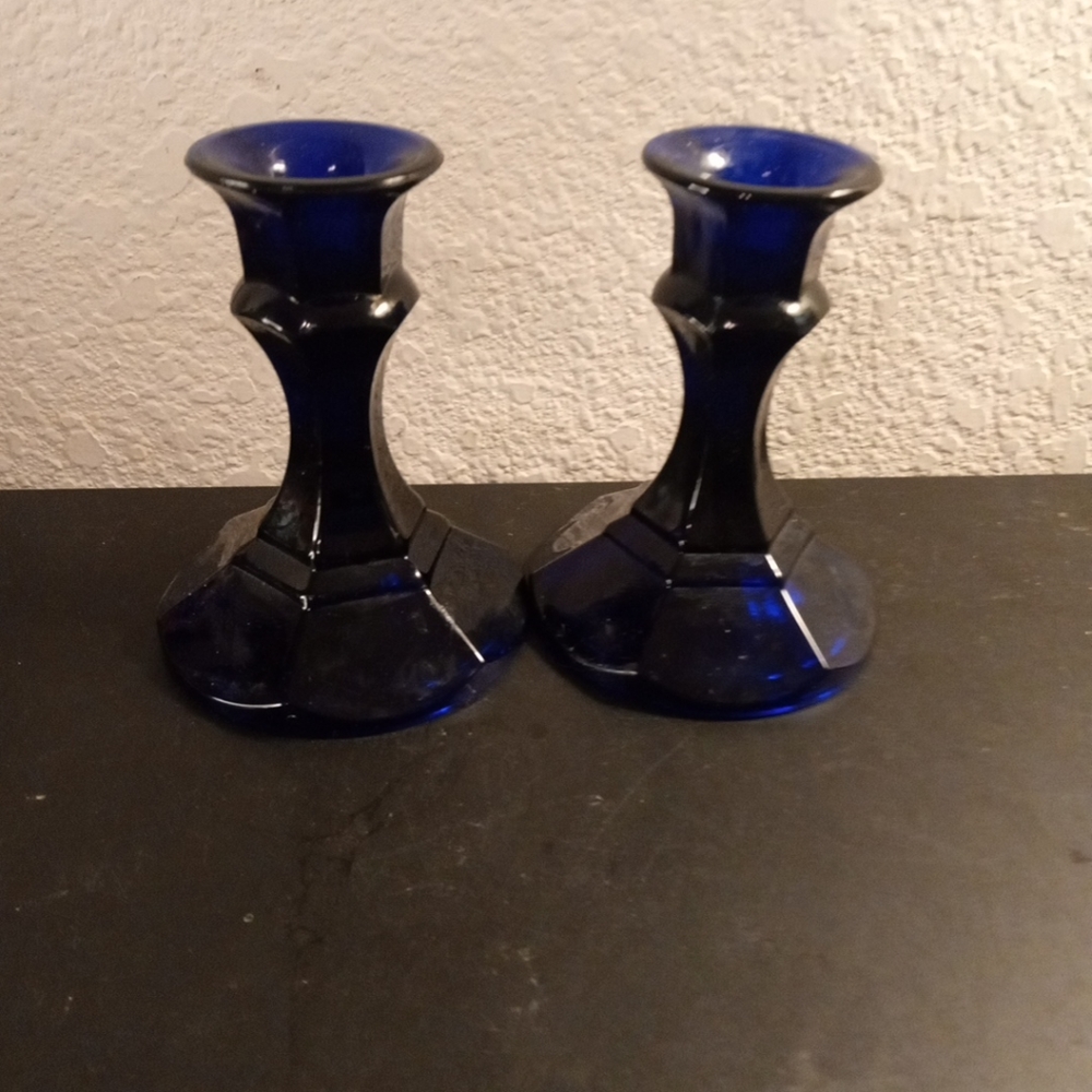GORGEOUS MCM Pair of Libbey Cobalt Blue Worthington Candle Holders.